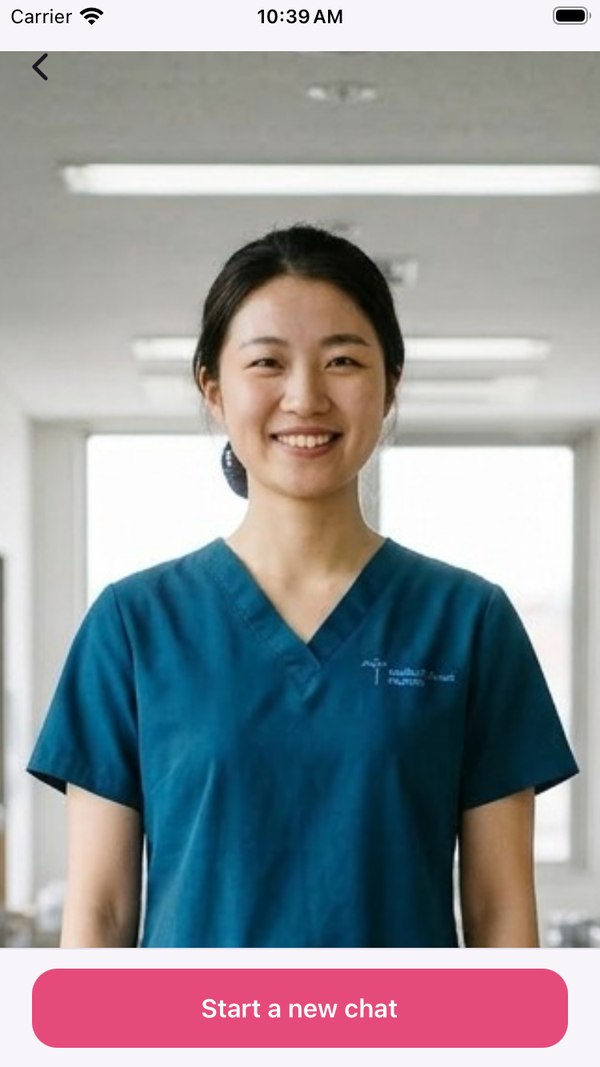 A character page: a smiling woman in teal scrubs in a bright clinic, and a 'Start a new chat' button